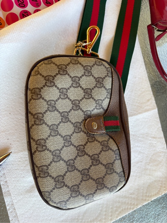 Gucci Handbags - Gucci Brown Monogram Canvas Crossbody with Green-Red Web Stripe